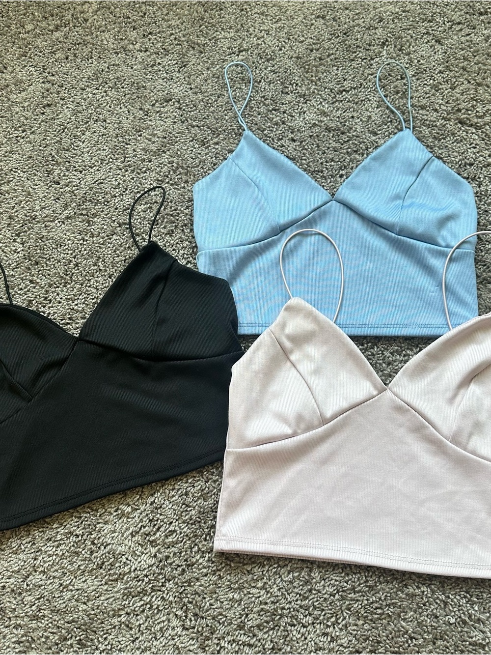 Timing Three-Pack V-Neck Bralette Crop Tops in Black, Light Blue & Blush